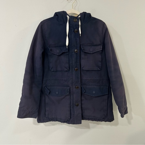 J.Crew Navy Blue Sherpa Hooded Full Zip Parka Coat Jacket Women’s Size Large - Picture 1 of 6